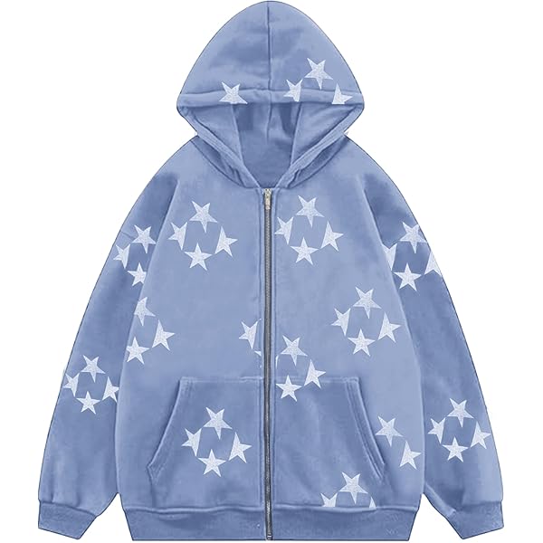 Womens Harajuku Patchwork Star Zip Up Hoodie Y2K Baggy Hoodie